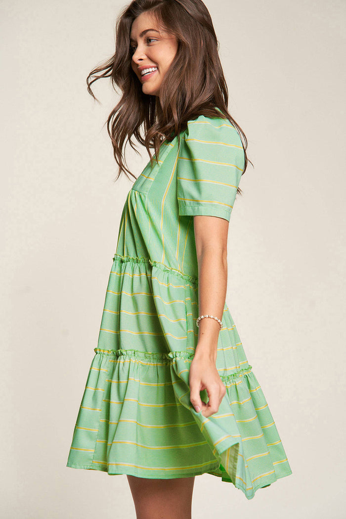 Green Stripe V-Neck Short Sleeve Frilled Detail A-line Dress - Dresses/Mini Dresses