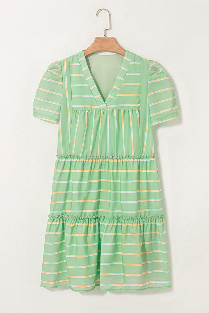 Green Stripe V-Neck Short Sleeve Frilled Detail A-line Dress - Dresses/Mini Dresses