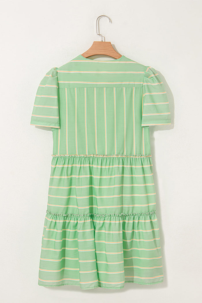 Green Stripe V-Neck Short Sleeve Frilled Detail A-line Dress - Dresses/Mini Dresses