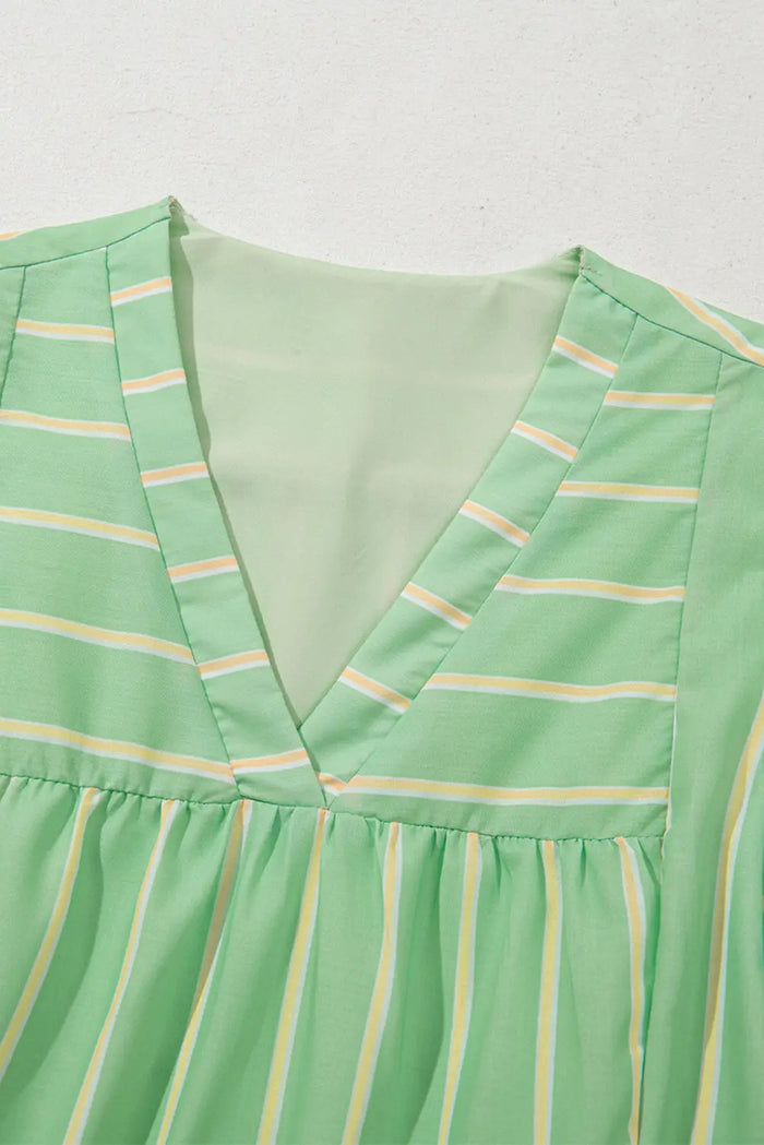 Green Stripe V-Neck Short Sleeve Frilled Detail A-line Dress - Dresses/Mini Dresses