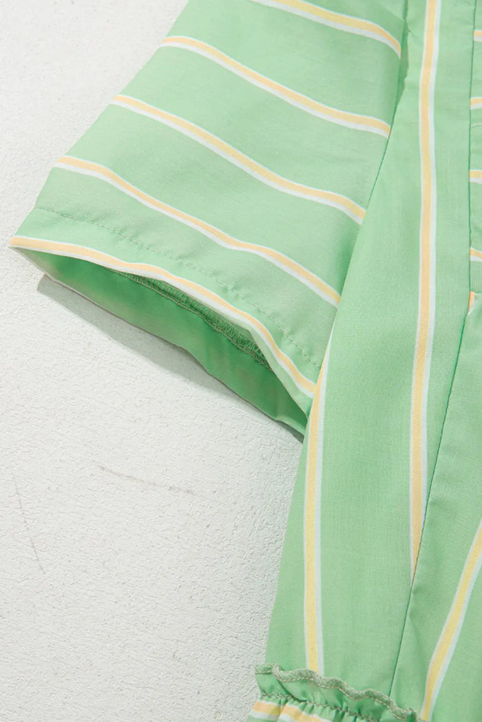 Green Stripe V-Neck Short Sleeve Frilled Detail A-line Dress - Dresses/Mini Dresses