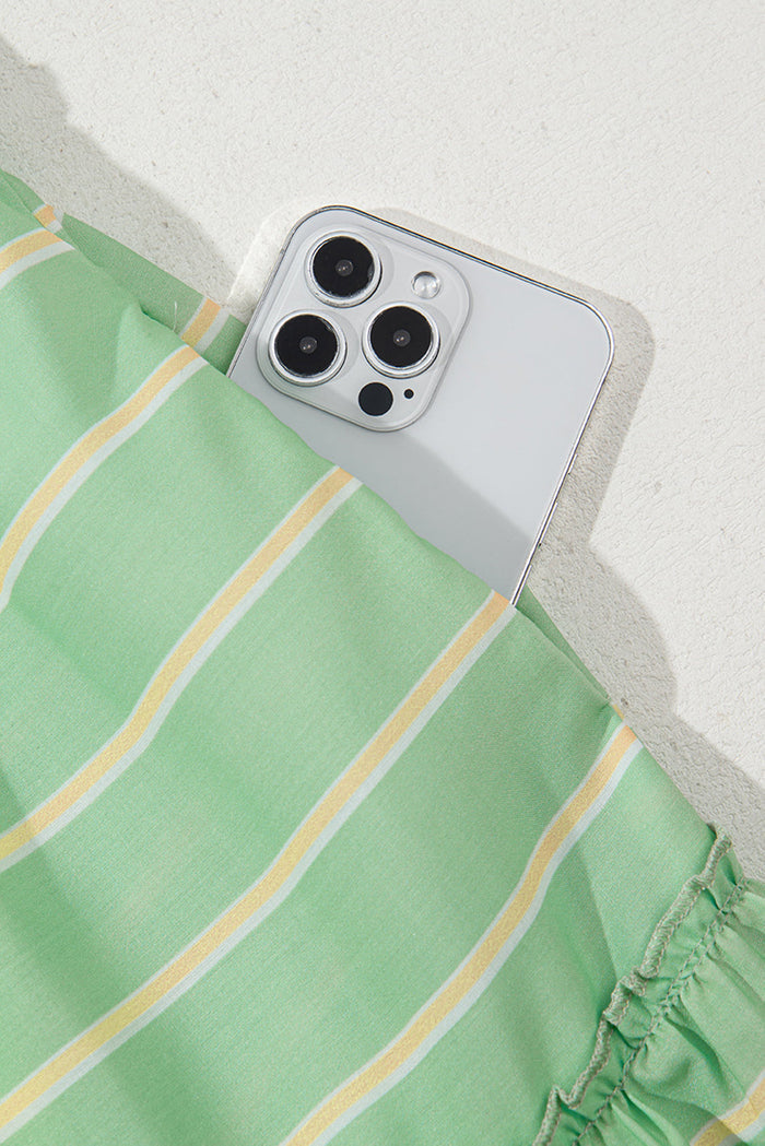 Green Stripe V-Neck Short Sleeve Frilled Detail A-line Dress - Dresses/Mini Dresses