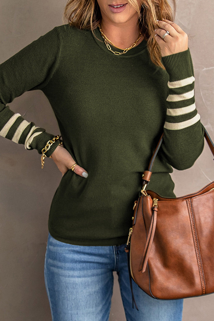 Green Striped Sleeve Plain Knit Sweater - Sweaters & Cardigans/Sweaters