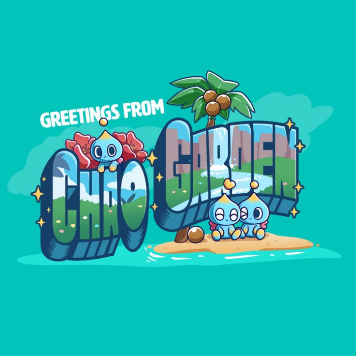Premium Cotton T-shirt_TeeTurtle caribbean blue Greetings from Chao Garden Premium Cotton T-shirt featuring a vintage postcard design with cute little chao guys on an island with a coconut tree. There is text that reads "Greetings from" at the top and below there is a landscape visible in the bubble letters that spell "Chao Garden"