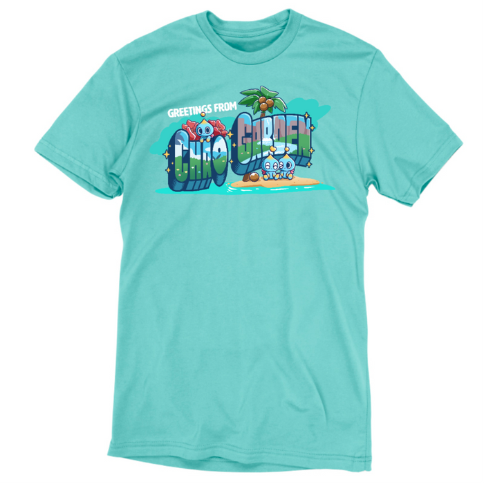 Premium Cotton T-shirt_TeeTurtle caribbean blue Greetings from Chao Garden Premium Cotton T-shirt featuring a vintage postcard design with cute little chao guys on an island with a coconut tree. There is text that reads "Greetings from" at the top and below there is a landscape visible in the bubble letters that spell "Chao Garden"