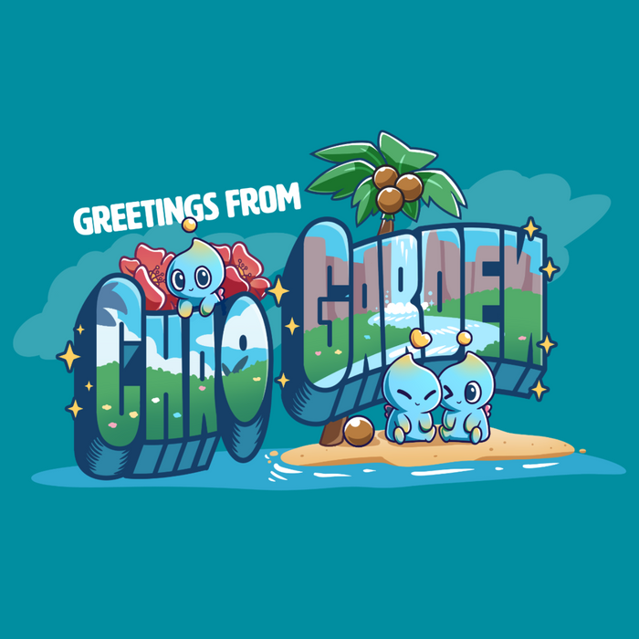 Classic Cotton T-shirt_TeeTurtle tropical blue Greetings from Chao Garden Classic Cotton T-shirt featuring a vintage postcard design with cute little chao guys on an island with a coconut tree. There is text that reads "Greetings from" at the top and below there is a landscape visible in the bubble letters that spell "Chao Garden"
