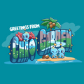Classic Cotton T-shirt_TeeTurtle tropical blue Greetings from Chao Garden Classic Cotton T-shirt featuring a vintage postcard design with cute little chao guys on an island with a coconut tree. There is text that reads "Greetings from" at the top and below there is a landscape visible in the bubble letters that spell "Chao Garden"