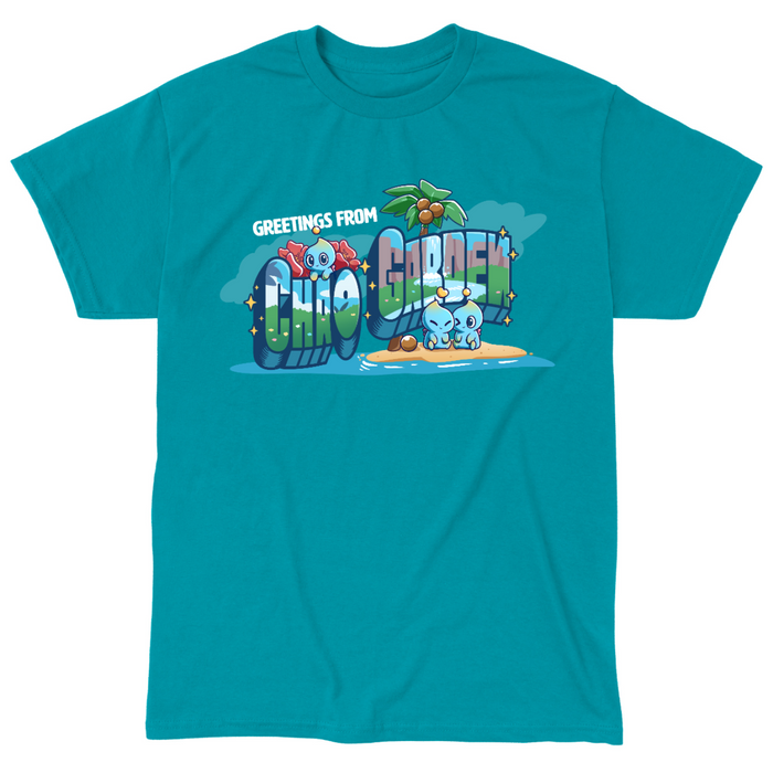 ImagClassic Cotton T-shirt_TeeTurtle tropical blue Greetings from Chao Garden Classic Cotton T-shirt featuring a vintage postcard design with cute little chao guys on an island with a coconut tree. There is text that reads "Greetings from" at the top and below there is a landscape visible in the bubble letters that spell "Chao Garden"e