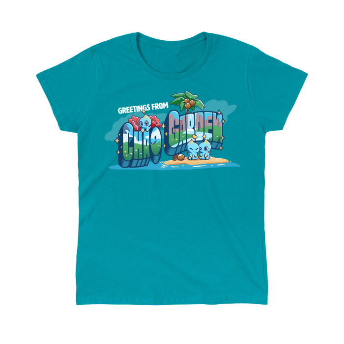 Classic Cotton T-shirt_TeeTurtle tropical blue Greetings from Chao Garden Classic Cotton T-shirt featuring a vintage postcard design with cute little chao guys on an island with a coconut tree. There is text that reads "Greetings from" at the top and below there is a landscape visible in the bubble letters that spell "Chao Garden"
