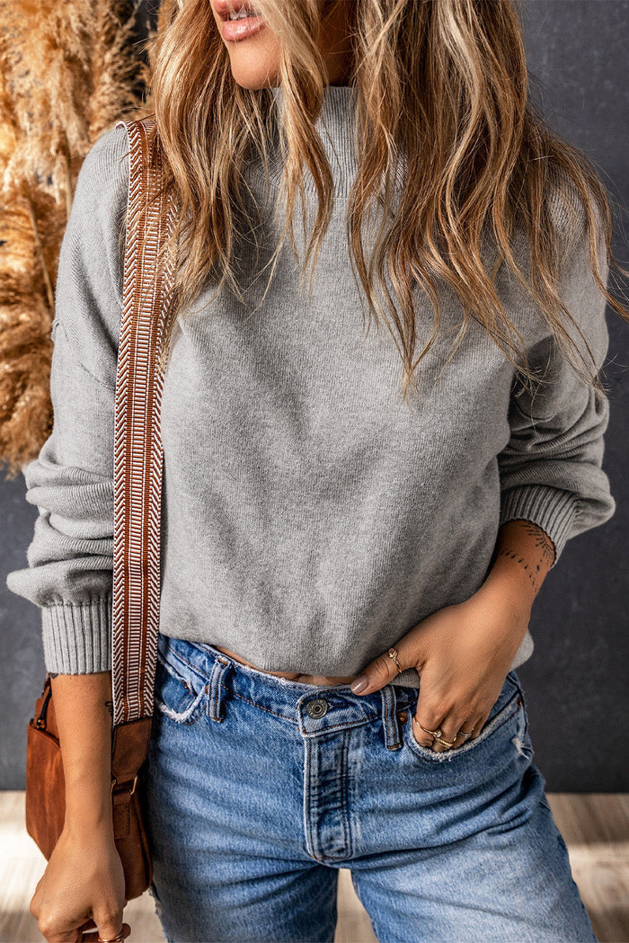 Grey Turtleneck Drop Shoulder Bubble Sleeve Knit Sweater - Sweaters & Cardigans/Sweaters