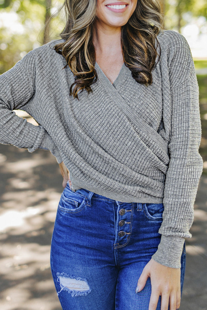 Grey Wrap V Neck Waffle Sweater - GRAY / S / 100% COTTON - Sweaters & Cardigans/Sweaters
