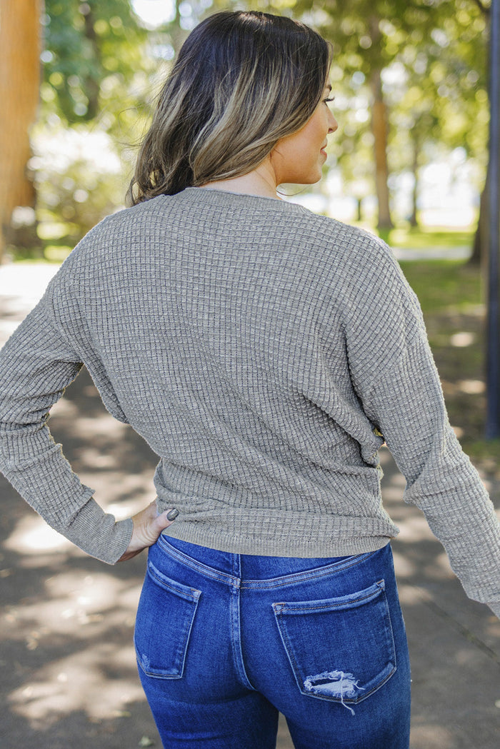 Grey Wrap V Neck Waffle Sweater - Sweaters & Cardigans/Sweaters