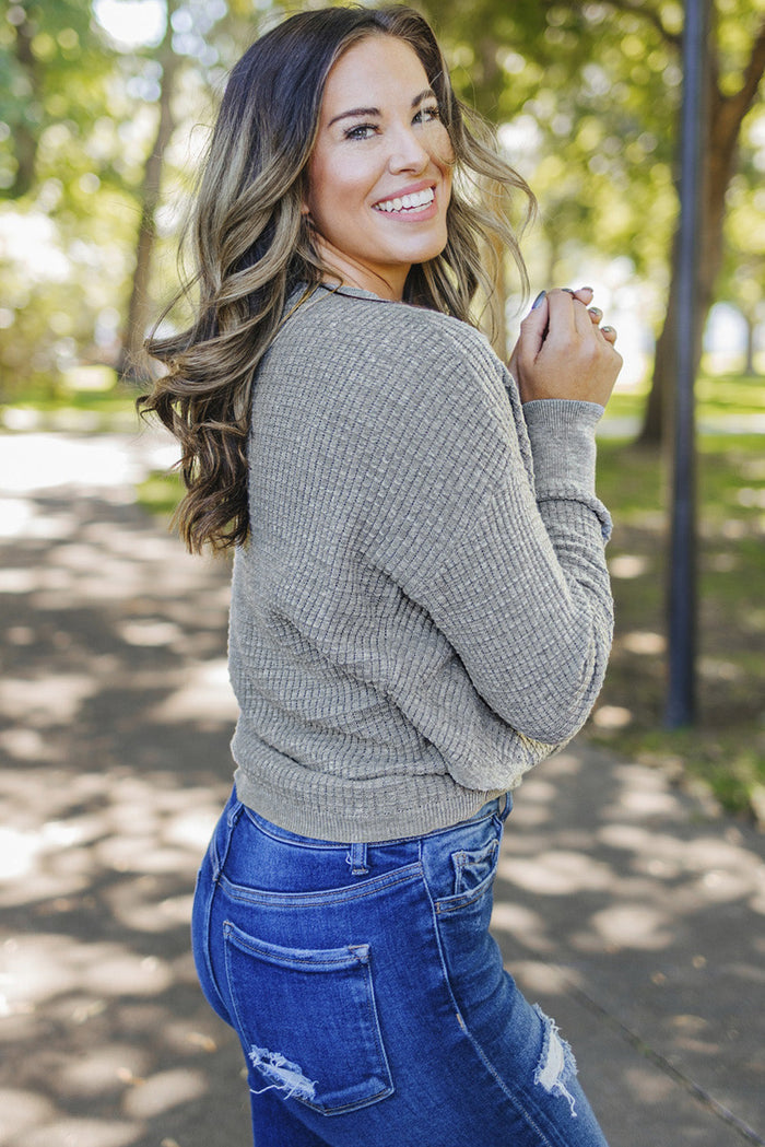 Grey Wrap V Neck Waffle Sweater - Sweaters & Cardigans/Sweaters