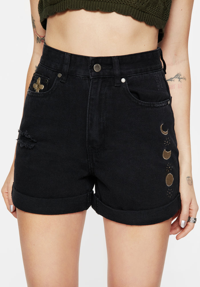 Griffinfly Embroidered Distressed Denim Shorts