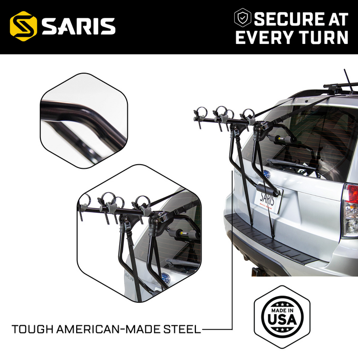 Saris Bones EX 2-Bike Trunk Rack — features infographic: foldaway arms and carry capacity