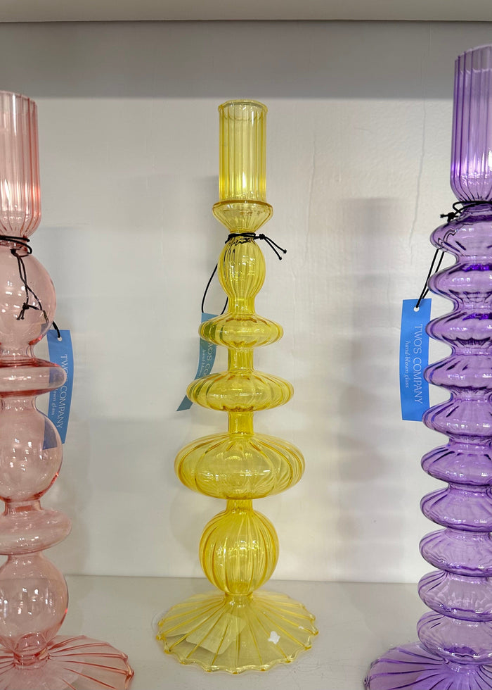 Hand blown Glass Candleholder Two’s Company Taper Yellow