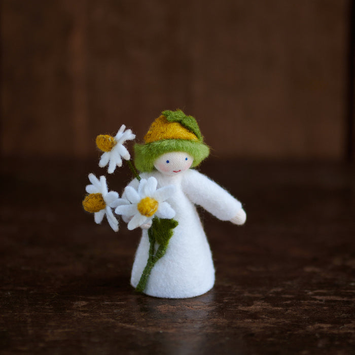 Handmade Wool Fairy Boy Holding Flower - Chamomile - White