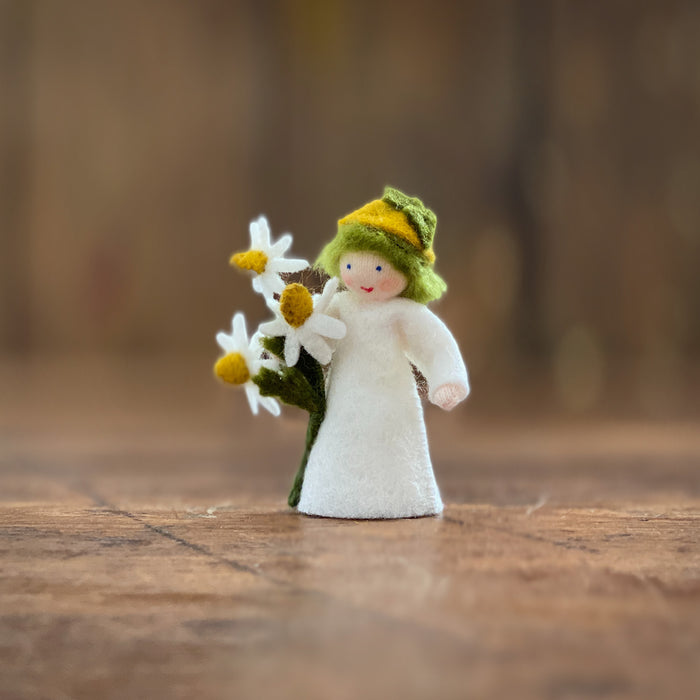 Handmade Wool Fairy Boy Holding Flower - Chamomile - White