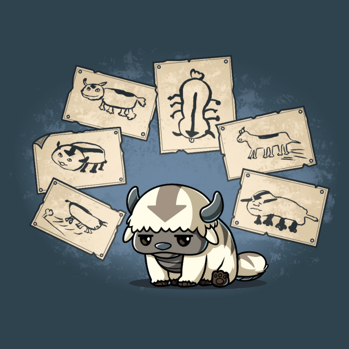 Premium Cotton T-shirt_TeeTurtle denim blue Have You Seen This Air Bison Premium Cotton T-shirt featuring Appa from Avatar: The Last Airbender sitting dejectedly while surrounded by Sokka's drawings of him, none of which actually look much like him.