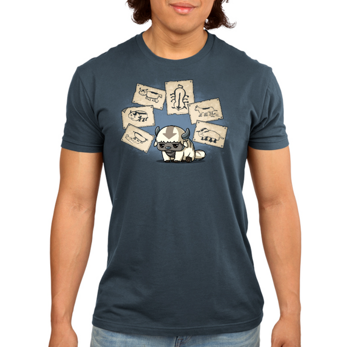 Premium Cotton T-shirt_TeeTurtle denim blue Have You Seen This Air Bison Premium Cotton T-shirt featuring Appa from Avatar: The Last Airbender sitting dejectedly while surrounded by Sokka's drawings of him, none of which actually look much like him.