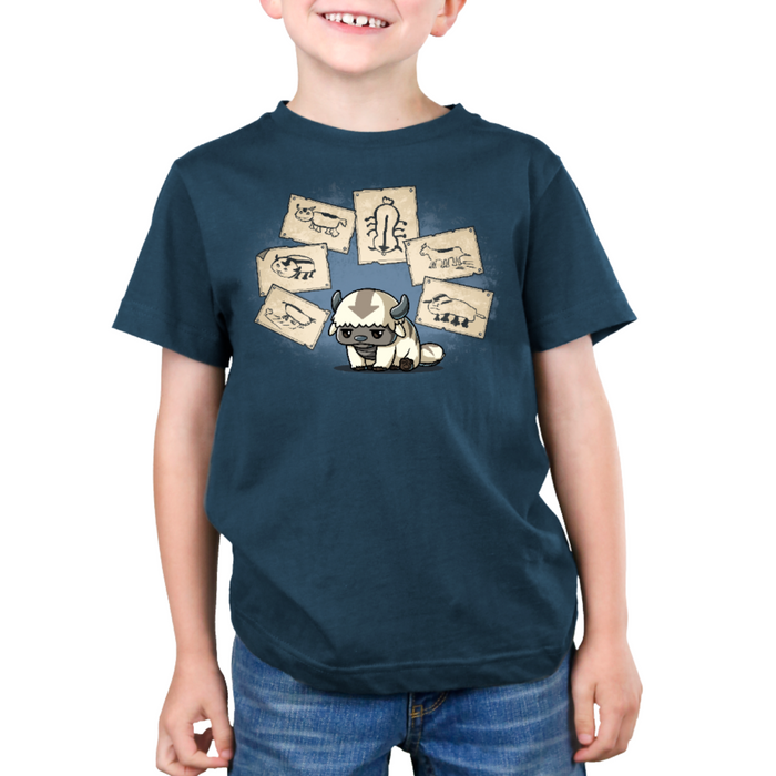 Premium Cotton T-shirt_TeeTurtle denim blue Have You Seen This Air Bison Premium Cotton T-shirt featuring Appa from Avatar: The Last Airbender sitting dejectedly while surrounded by Sokka's drawings of him, none of which actually look much like him.