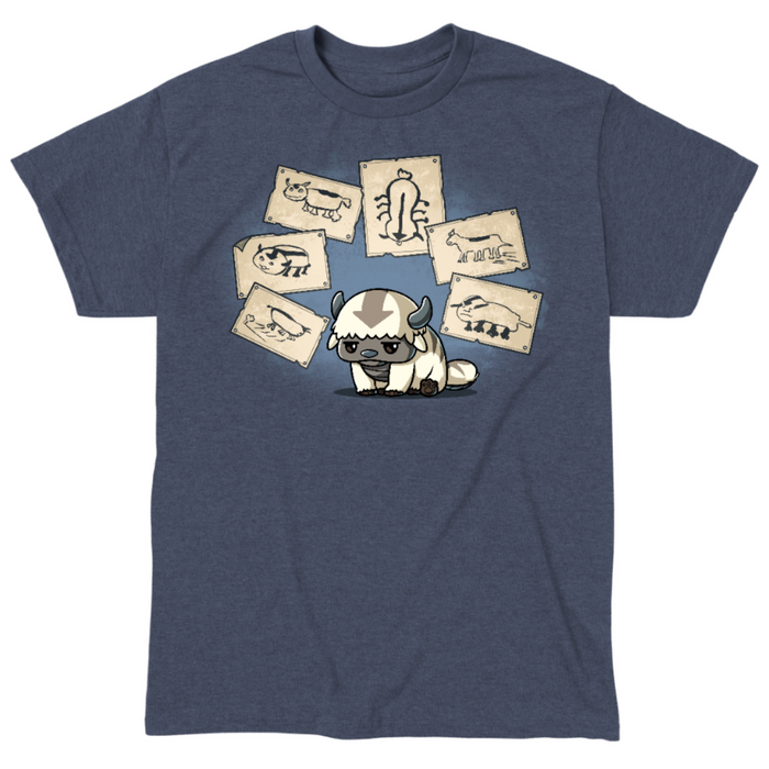 Classic Cotton T-shirt_TeeTurtle heather navy blue Have You Seen This Air Bison Classic Cotton T-shirt featuring Appa from Avatar: The Last Airbender sitting dejectedly while surrounded by Sokka's drawings of him, none of which actually look much like him.