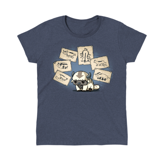 Classic Cotton T-shirt_TeeTurtle heather navy blue Have You Seen This Air Bison Classic Cotton T-shirt featuring Appa from Avatar: The Last Airbender sitting dejectedly while surrounded by Sokka's drawings of him, none of which actually look much like him.