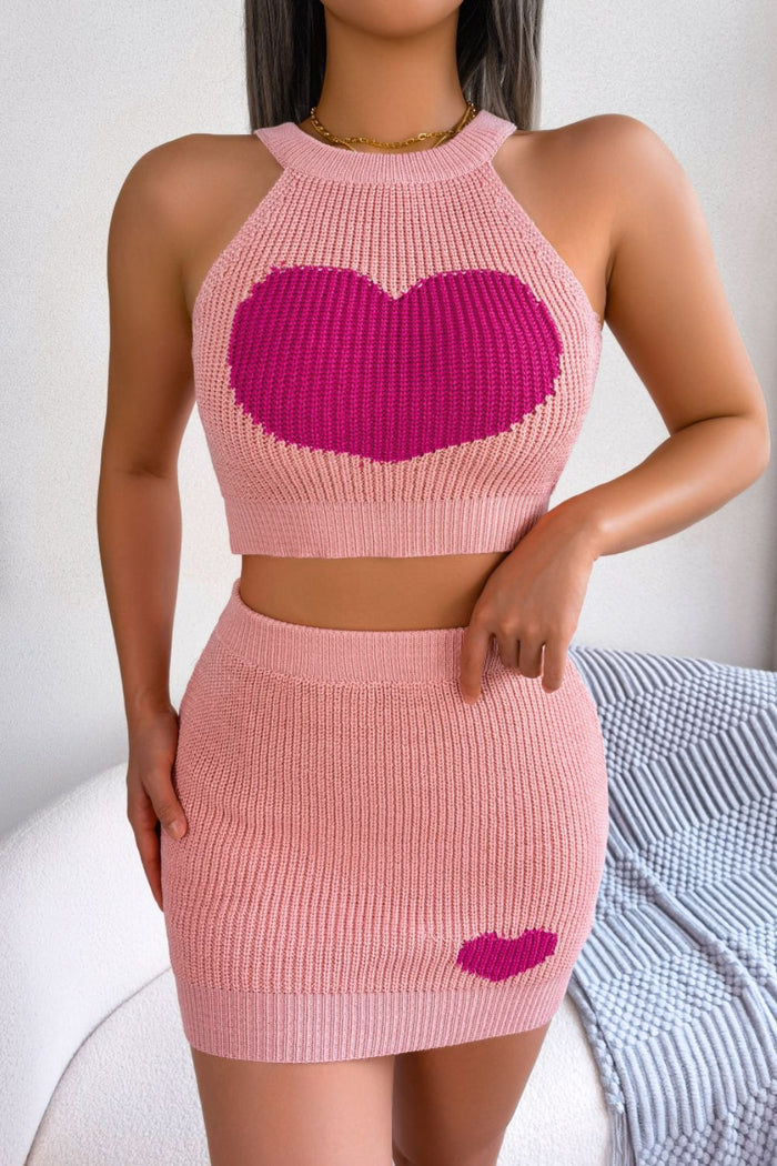 Heart Contrast Ribbed Sleeveless Knit Top and Skirt Set - Madikfashions.com