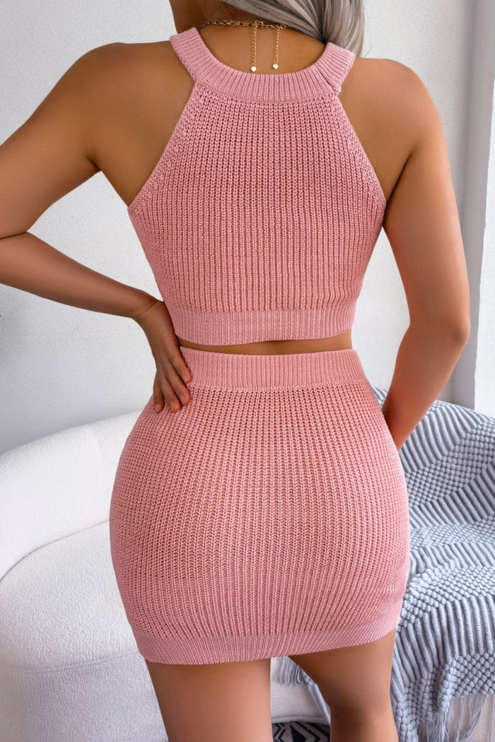 Heart Contrast Ribbed Sleeveless Knit Top and Skirt Set - Madikfashions.com