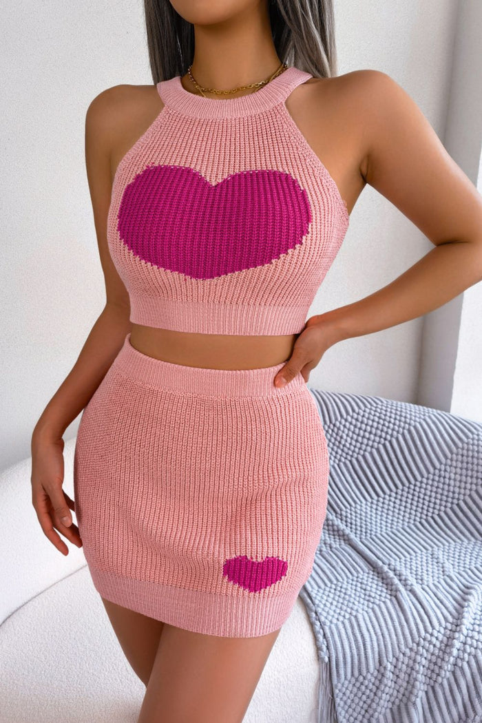 Heart Contrast Ribbed Sleeveless Knit Top and Skirt Set - Madikfashions.com