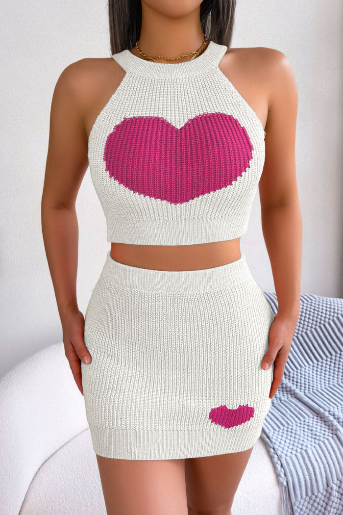 Heart Contrast Ribbed Sleeveless Knit Top and Skirt Set - Madikfashions.com