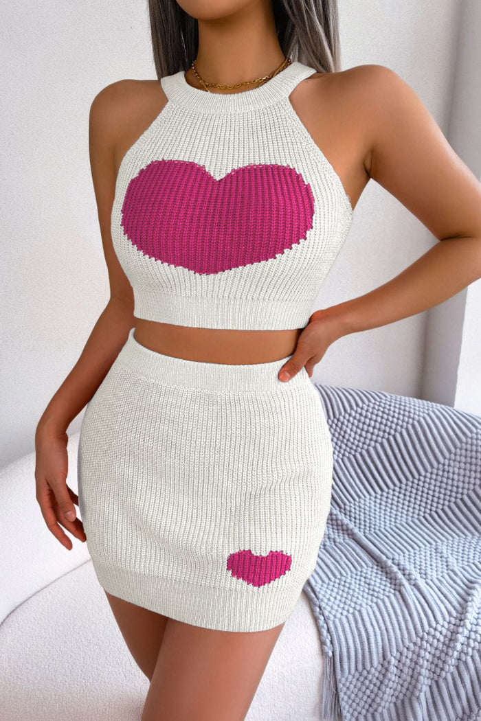 Heart Contrast Ribbed Sleeveless Knit Top and Skirt Set - Madikfashions.com
