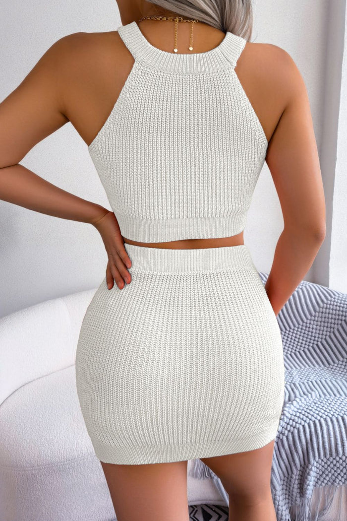 Heart Contrast Ribbed Sleeveless Knit Top and Skirt Set - Madikfashions.com
