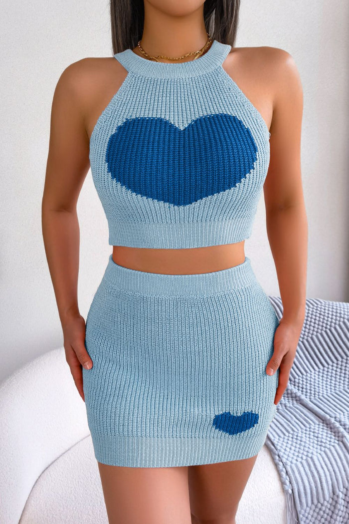 Heart Contrast Ribbed Sleeveless Knit Top and Skirt Set - Madikfashions.com