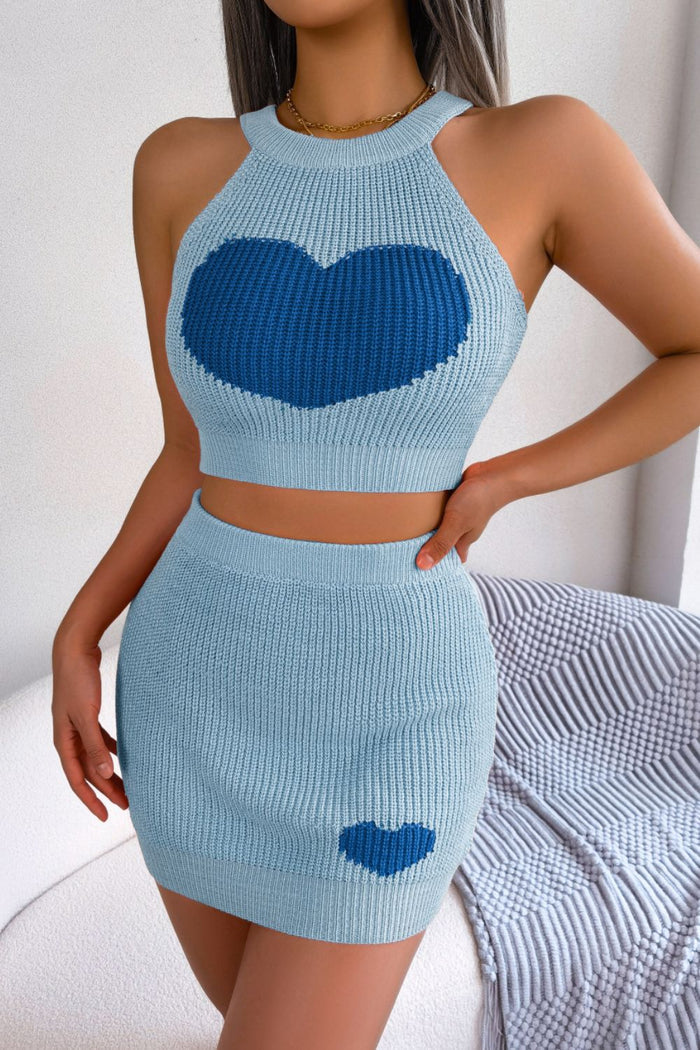Heart Contrast Ribbed Sleeveless Knit Top and Skirt Set - Madikfashions.com