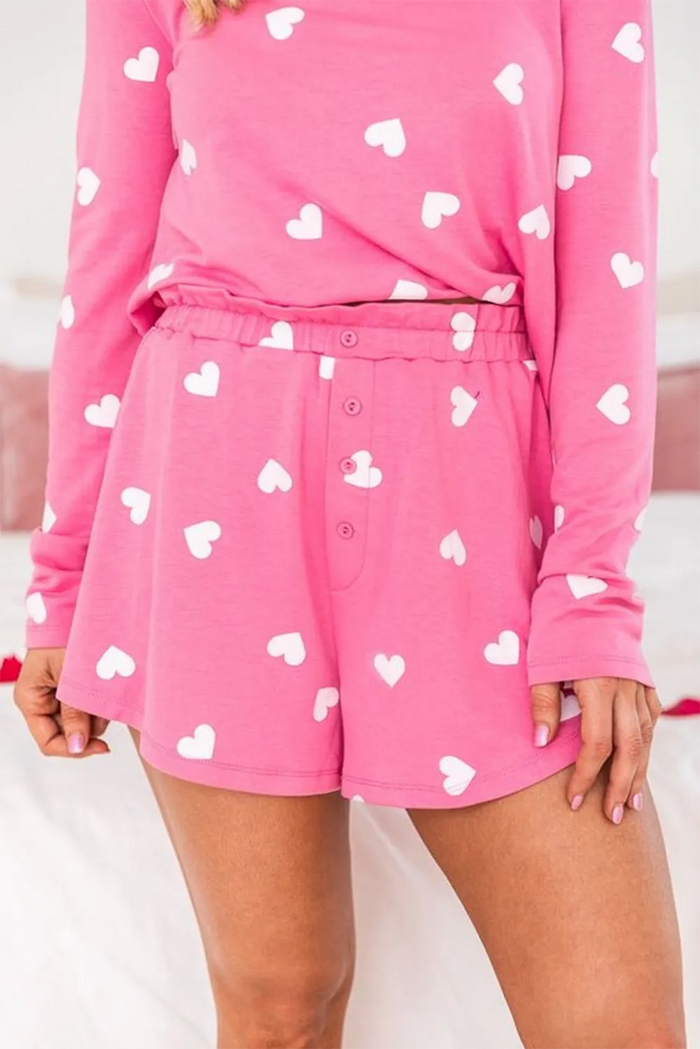 Pink Valentine Heart Print Long Sleeve Tee and Shorts Lounge Set - Loungewear & Sleepwear/Pyjama