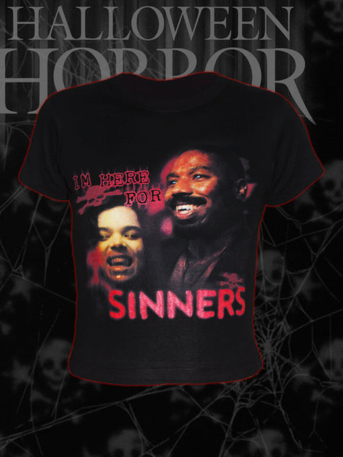"here for sinners" baby tee