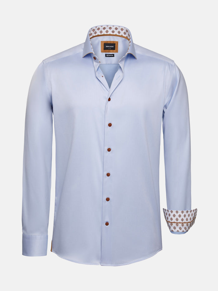 Light blue men’s long-sleeve shirt with button front and patterned inner collar