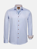 Light blue men’s long-sleeve shirt with button front and patterned inner collar