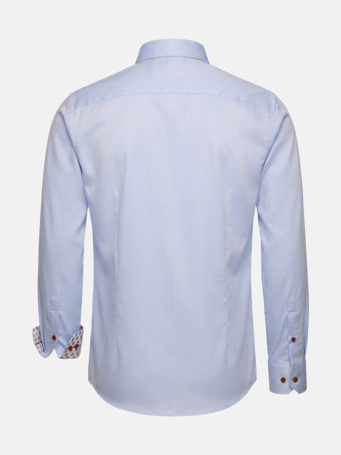 Back view of light blue men’s long-sleeve shirt with clean tailored fit