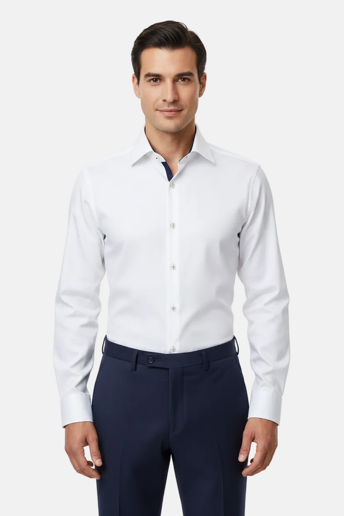 Wam Denim Jenvor White Long Sleeve Shirt – model front view, tucked in