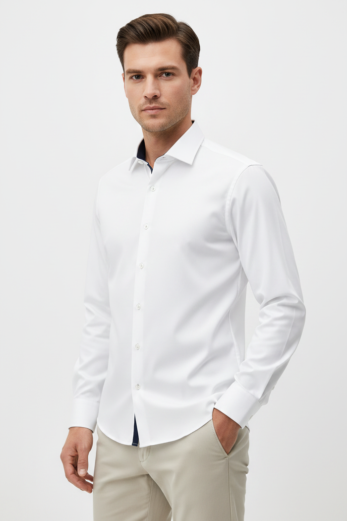 Wam Denim Jenvor White Long Sleeve Shirt – three-quarter view on model