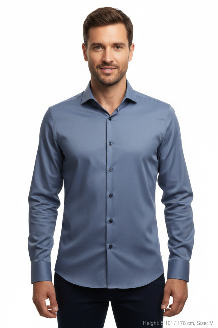 Upper body front - steel blue shirt relaxed pose