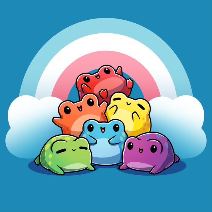 Premium Cotton T-shirt_TeeTurtle cobalt Hoppy Pride Premium Cotton T-shirt featuring a pyramid of happy frogs in the rainbow colors in front of a rainbow with the trans pride colors of light blue, white and pink.