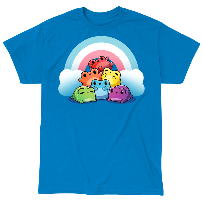 Classic Cotton T-shirt_TeeTurtle sapphire Hoppy Pride Classic Cotton T-shirt featuring a pyramid of happy frogs in the rainbow colors in front of a rainbow with the trans pride colors of light blue, white and pink.