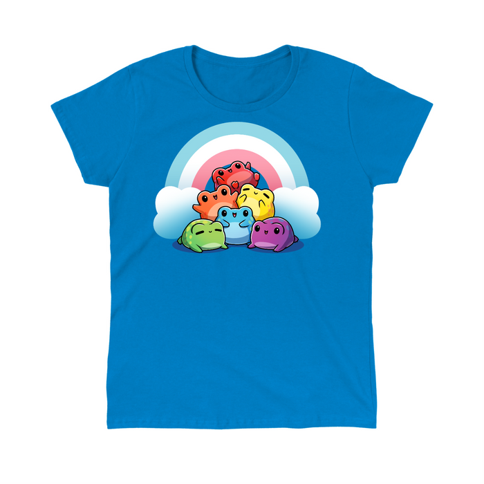 Classic Cotton T-shirt_TeeTurtle sapphire Hoppy Pride Classic Cotton T-shirt featuring a pyramid of happy frogs in the rainbow colors in front of a rainbow with the trans pride colors of light blue, white and pink.