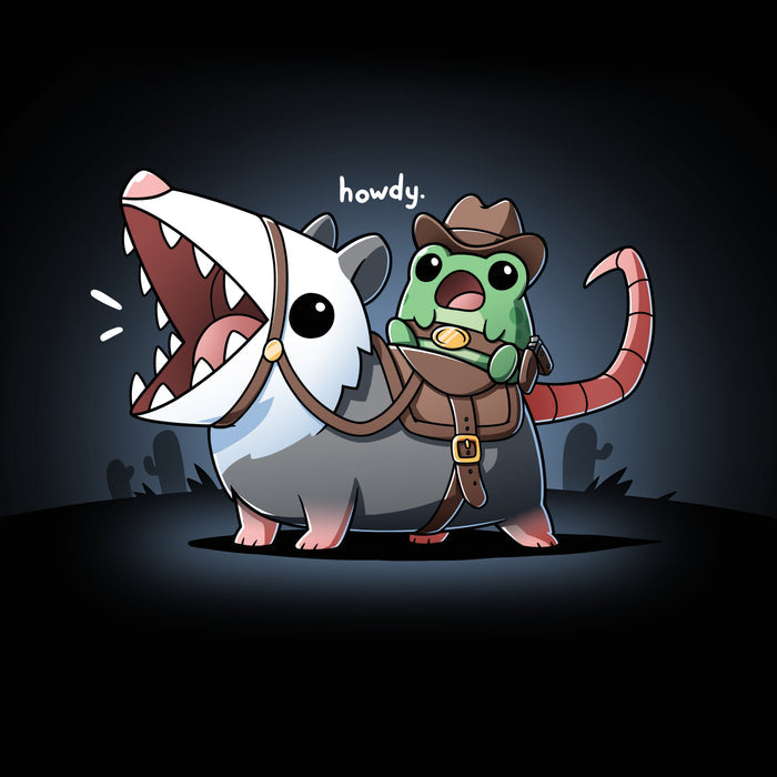 Premium Cotton T-shirt_TeeTurtle black Howdy apparel featuring an frog wearing a cowboy outfit riding an opossum like a horse.