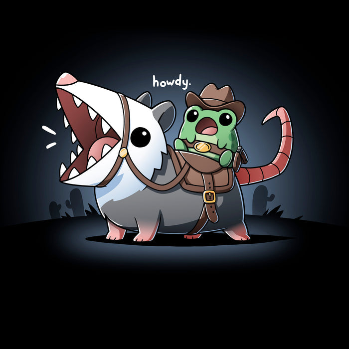 Classic Cotton T-shirt_TeeTurtle black Howdy apparel featuring an frog wearing a cowboy outfit riding an opossum like a horse.