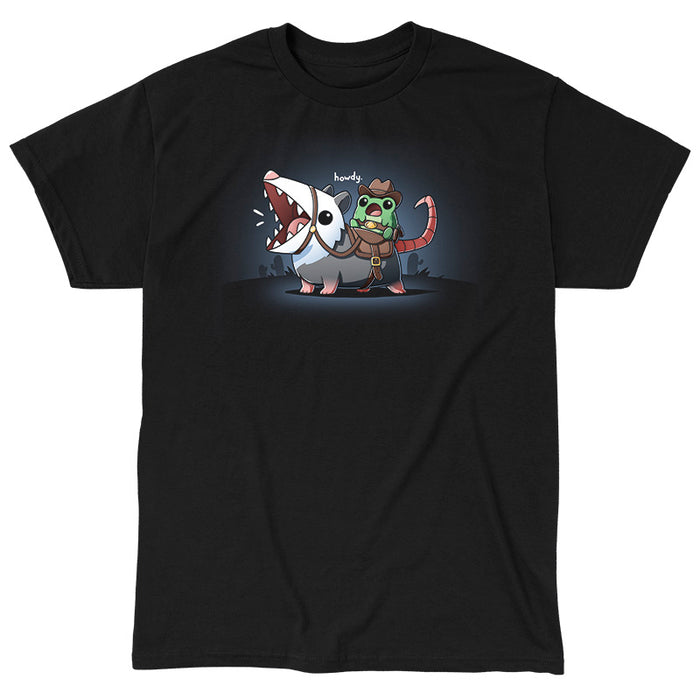 Classic Cotton T-shirt_TeeTurtle black Howdy apparel featuring an frog wearing a cowboy outfit riding an opossum like a horse.