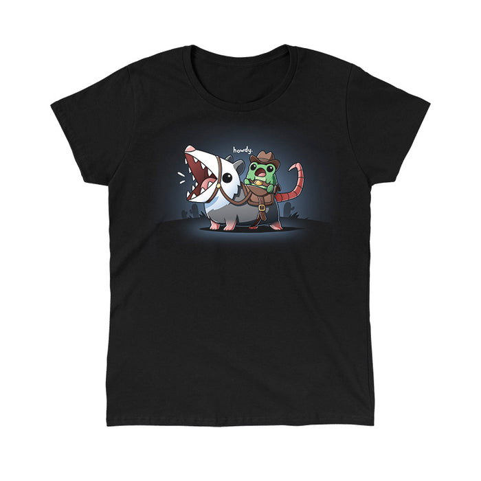 Classic Cotton T-shirt_TeeTurtle black Howdy apparel featuring an frog wearing a cowboy outfit riding an opossum like a horse.